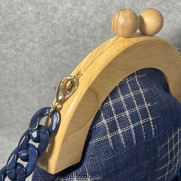 Pushi Blue Tweed Timber Handle Frame Clutch Detachable Strap Magnetic Closure - Picture 6 of 16